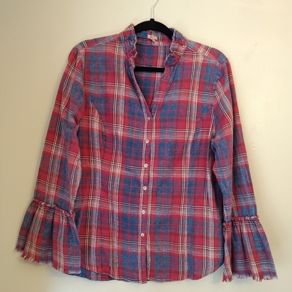 Reba Plaid Distressed Bell Sleeve Button Top